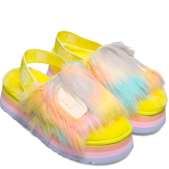 New UGG Fluff Yeah Disco Slide Platform Tie Dye Margarita Slipper - Picture 4 of 17